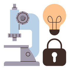 Microscope, lightbulb, and lock emphasize research, creativity, and security. Ideal for science, education, innovation technology intellectual property problem-solving and safety. A simple flat