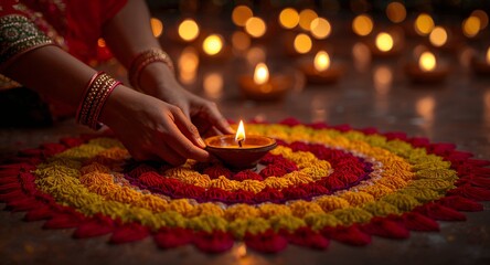 Sacred lamp placed on colorful rangoli, soft golden bokeh, Generative AI