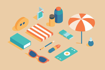 Isometric flat design illustration of beach vacation essentials including sunglasses sunscreen beach umbrella towels and flip flops arranged on a sandy background