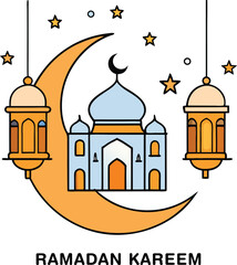 Ramadan kareem illustration featuring a crescent moon mosque hanging lanterns and stars celebrating islamic holy month