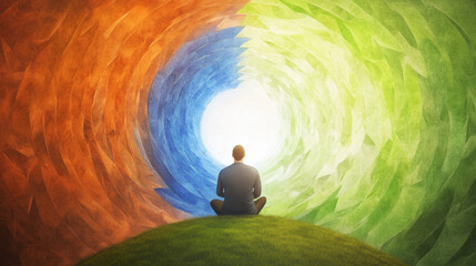 Person sitting on grassy hill facing vibrant swirling tunnel of orange, green, and blue energy, radiating calm and spiritual meditation, symbolizing inner peace and balance