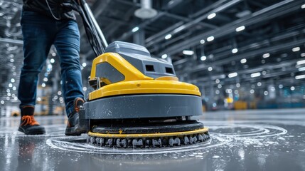 Industrial Floor Scrubber Cleaning Factory Surface in Close-Up Motion