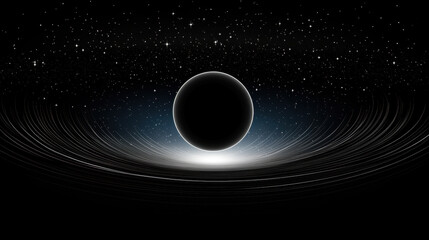 Radiating darkness from singularity point, black sphere floats in cosmic space, surrounded by glowing light and swirling lines, evoking mystery and awe