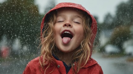 Joyful Child Catching Rain with Tongue in Red Raincoat