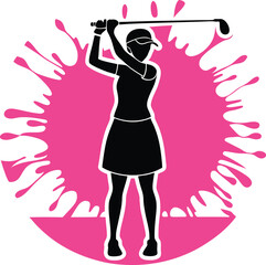 Silhouette of a female golfer swinging a club with a vibrant pink splatter background representing energy and sport