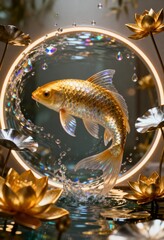 Golden Fish Serenity: A stunning golden fish elegantly swims in crystal-clear waters, surrounded by lily pads and a halo of light.