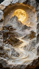 Tranquil Lunar Dreamscape: An ethereal masterpiece showcases a meticulously crafted landscape within a rock formation. A radiant full moon bathes the scene in a soft, golden glow.