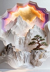 Paper Mountainscape: A serene paper mountainscape with cascading waterfalls, an old tree, layered for a unique visual of a tranquil paradise. 