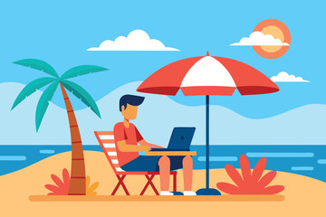 Man working on laptop computer on a tropical beach under a red and white umbrella with palm tree and ocean in background