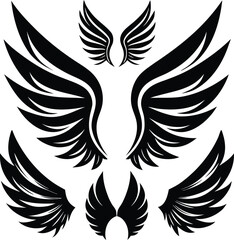 Collection of stylized black angel wings and bird wings in various sizes and styles isolated on a white background