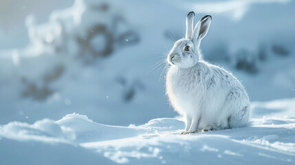 Obraz premium Arctic hare in its winter coat sits in a snowy landscape with soft lighting creating a serene and
