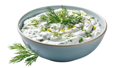 Creamy white dip with fresh dill garnish in a light blue bowl