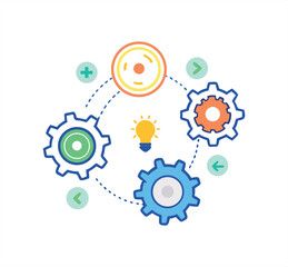 Interconnected gears and lightbulb representing innovation process and creative problem solving in business and technology