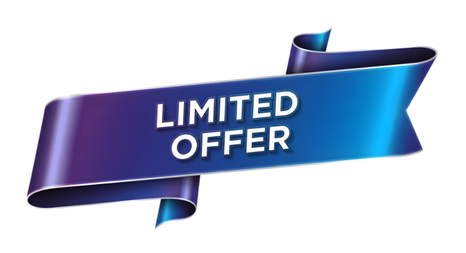 Vibrant blue and purple ribbon banner promoting a limited time offer for online sales and marketing campaigns to boost revenue and attract customers on transparent background