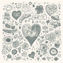 Whimsical Doodle Collage - Heart, Stars, Clouds, and Abstract Elements in Monochrome.