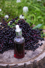 Folk medicine and natural black elderberry syrup on a wooden stump. Elderberry tincture