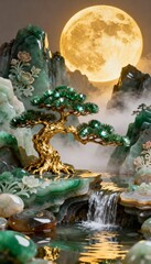 Jade Bonsai under a Lunar Glow: A stunning artistic depiction of a jade bonsai tree, its leaves gleaming in the moonlight, amidst a serene mountain landscape, evoking tranquility and natural beauty.