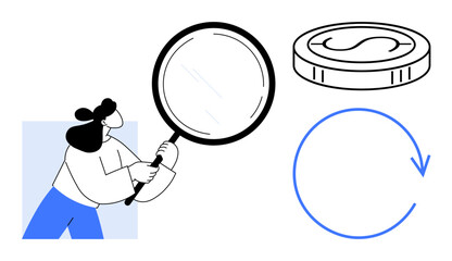 Woman holding magnifying glass inspecting coin symbol with a circular arrow. Ideal for finance, investment, analysis, money management, resources, savings, decision-making. Simple flat metaphor