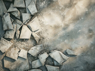 Fragmented reality: Abstract composition of broken tiles and cracked concrete surface
