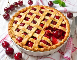 Fresh cherry pie on wooden table