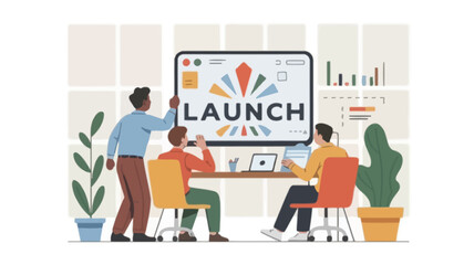 Diverse team collaborating on a new product launch project presenting ideas on a large screen with the word launch displayed prominently