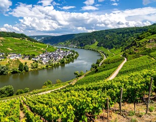 Panoramic vineyard and river valley landscape