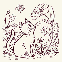 Cute cat sit among flowers and plants hand drawing vintage vector illustration. Sketch, line art cats character on floral and nature isolated.