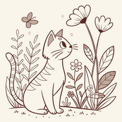Cute cat sit among flowers and plants hand drawing vintage vector illustration. Sketch, line art cats character on floral and nature isolated.