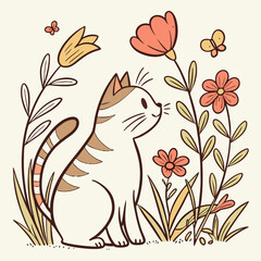 Cute cat sit among flowers and plants hand drawing vintage vector illustration. Sketch, line art cats character on floral and nature isolated.