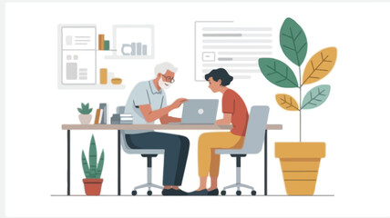 Fototapeta premium Two people a younger woman and an older man sitting at a desk working together on a laptop in a modern office setting with plants and charts