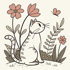 Cute cat sit among flowers and plants hand drawing vintage vector illustration. Sketch, line art cats character on floral and nature isolated.