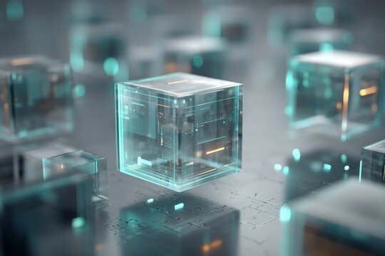 Futuristic digital blockchain cube with glowing data