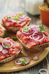 Traditional German sandwiches with minced meat Mettbroetchen	