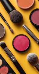 Makeup brushes and various shades of blush and eyeshadow arranged on a vibrant yellow surface.