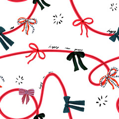 Decorative ribbons in bright colors feature festive text for New Year celebration on a white background