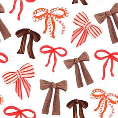 Colorful pattern of festive ribbons on a white background, perfect for holiday crafts or decorations during the winter season