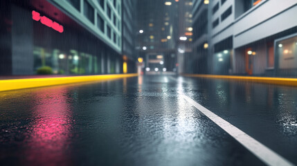 Rain soaked street with bokeh lighting wet asphalt cityscape urban night neon reflection empty road modern buildings moody atmosphere high fidelity abstract style
