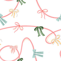 Colorful holiday ribbons and bows arranged on a white background for festive decoration
