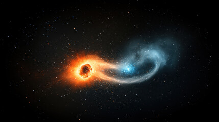 Fiery orange planet collides with glowing blue star, creating swirling nebula dust trails in deep space, evoking sense of cosmic drama and energy