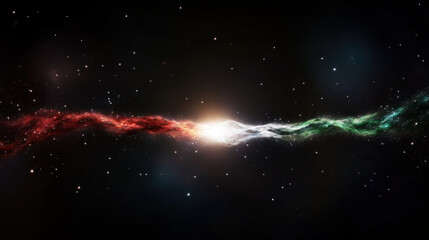 Colorful nebula arms stretch across deep space, meeting in bright cosmic collision with glowing dust trails and vibrant stardust, evoking sense of wonder and awe