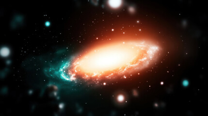 Galaxy dissolving into radiant fog with soft spark, high fidelity cosmic scene, glowing orange and teal nebula, dreamy outer space, ethereal atmosphere, vibrant starlight