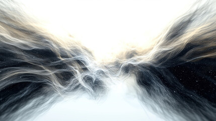 Abstract motion blurred stars and glowing nebula create dynamic cosmic scene with swirling light and dark clouds, evoking sense of wonder and mystery