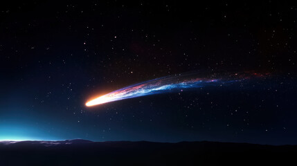 Glowing meteor streaks across night sky above dark landscape, cosmic light trail and vibrant stars create sense of wonder and awe in tranquil atmosphere