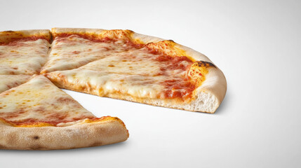 Margherita pizza with golden bubbly cheese, fresh basil, tomato sauce, and thick crust on white background, classic Italian comfort food, appetizing and inviting