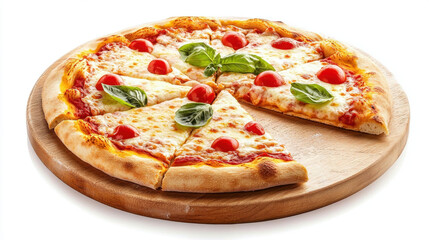Margherita pizza with melted cheese, fresh basil leaves, and cherry tomatoes on wooden board, classic Italian style, appetizing and vibrant presentation