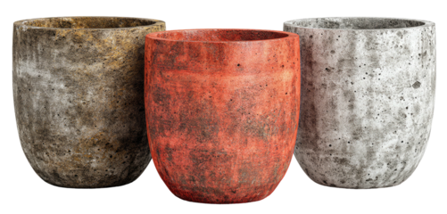 Three textured, rounded planters in varied shades of muted earth tones