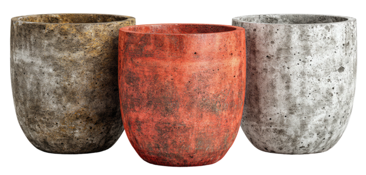 Three textured, rounded planters in varied shades of muted earth tones