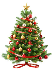 Festive Christmas Tree with Red and Gold Ornaments and Ribbon decorated holiday isolated on a transparent background
