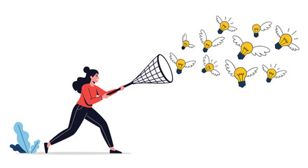 Woman attempting to catch flying light bulbs with a net.