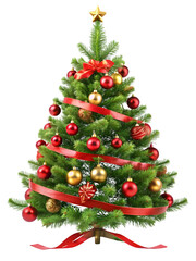 Decorated Christmas Tree with Red Ribbon and Gold Star Topper holiday festive isolated on a transparent background